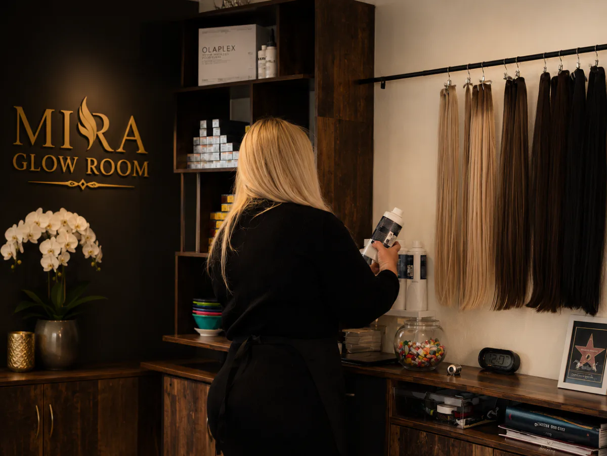 Empfangsbereich mit Haarverlängerungen im MIRA Glow Room